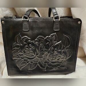 Patricia Nash Rose Tooled Ava Black Leather Tote